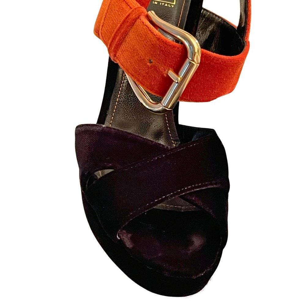 ALBERTO ZAGO VELVET 2-TONE PLATFORM SANDALS, CHUNKY HEELS, BLACK & ORANGE, SZ 39 - Picture 5 of 9